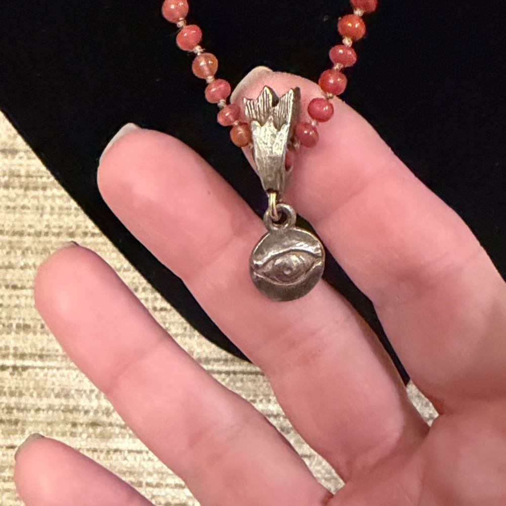 Lee Brevard Rhodolite Beaded Necklace with Eye of Horus Pendant